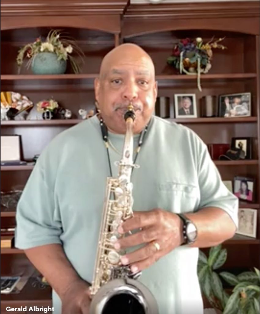 Contemporary jazz musician Gerald Albright playing his saxophone while recording a video on Cameo