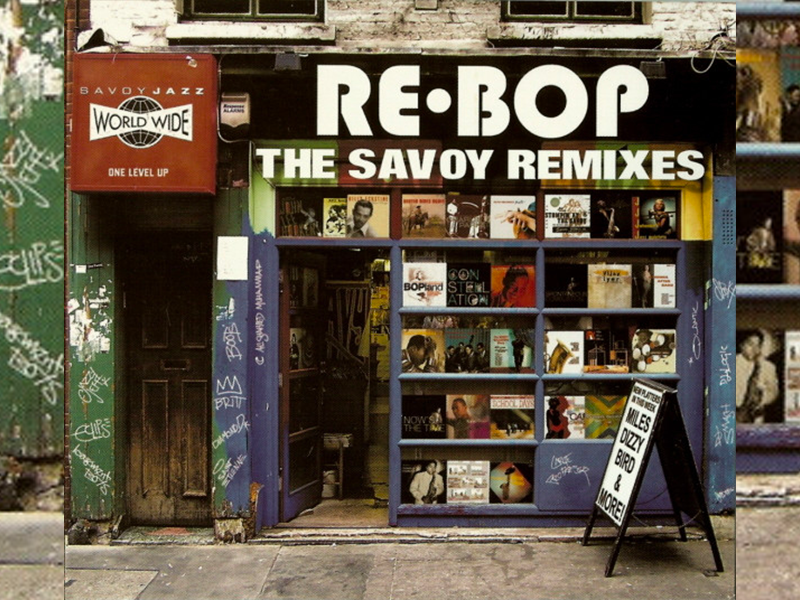 cover to Re-Bop The Savoy Remixes, a compilation of remixes of music by jazz artists Charlie Parker, Modern Jazz Quartet, Cannonball Adderley, Herbie Mann, Dizzy Gillespie